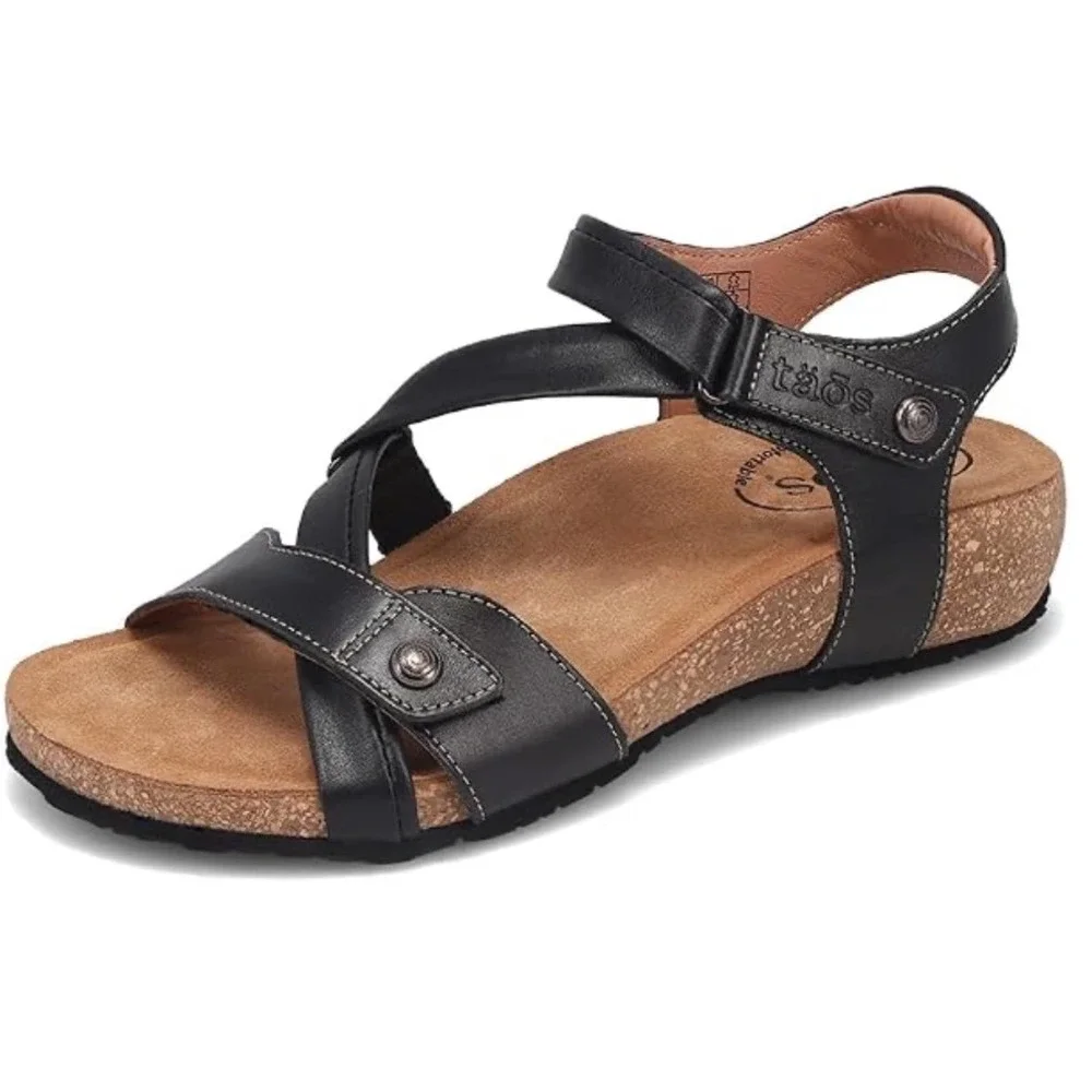Taos Trulie Black Leather Strappy Comfort Wedge Universe Sandals Womens 10-10.5